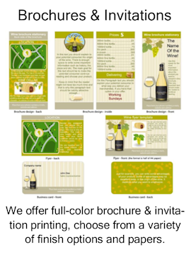 ull-color brochures, invitations, stationery printing, finish options, papers.