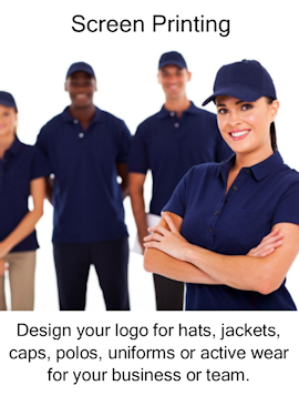 logo wear screen printing, for hats, jackets, caps, polos, uniforms, active wear, business, team.